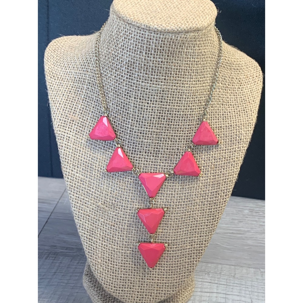 Pink‎ Geometric Triangle Statement Y-Necklace Gold Tone Resin Stones 14 Inch